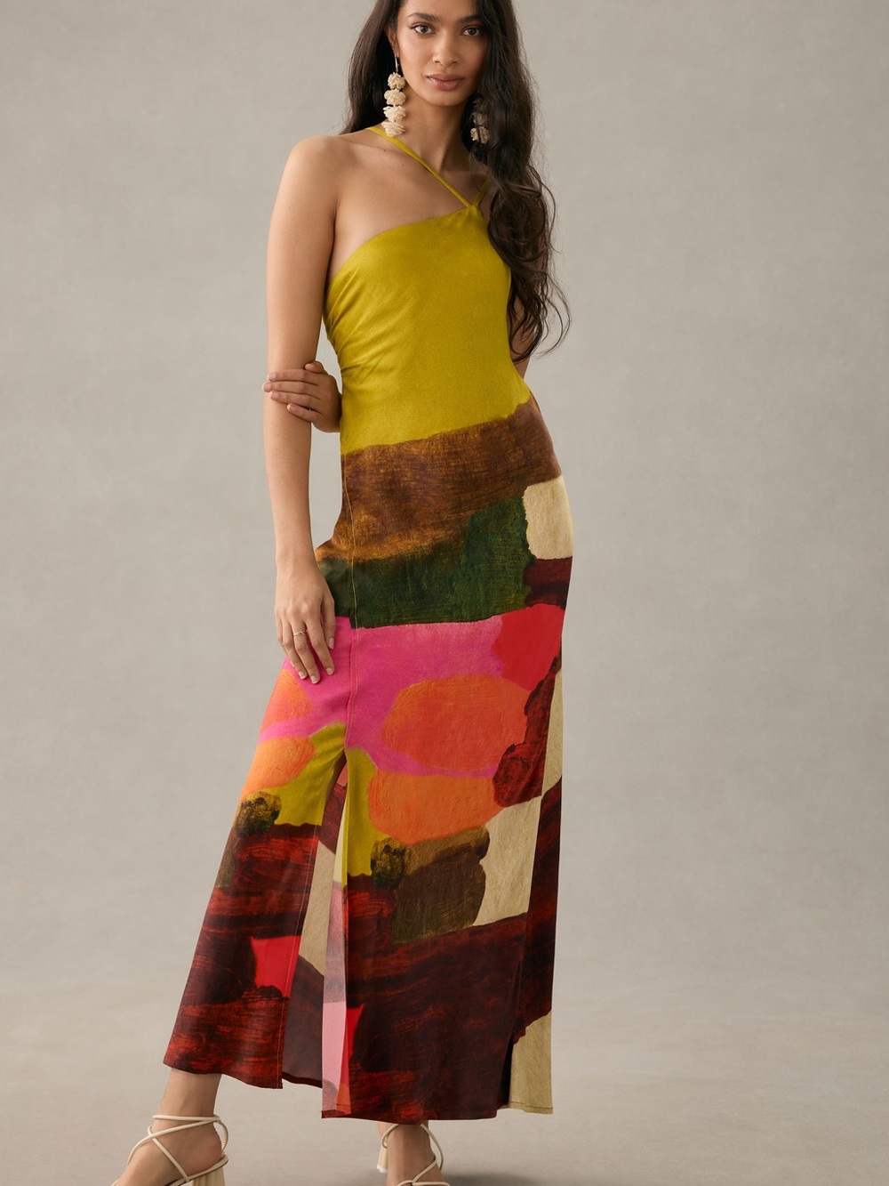 NWT Anthropologie Bl-nk Abstract Slip Dress Chartreuse Petite Small SP